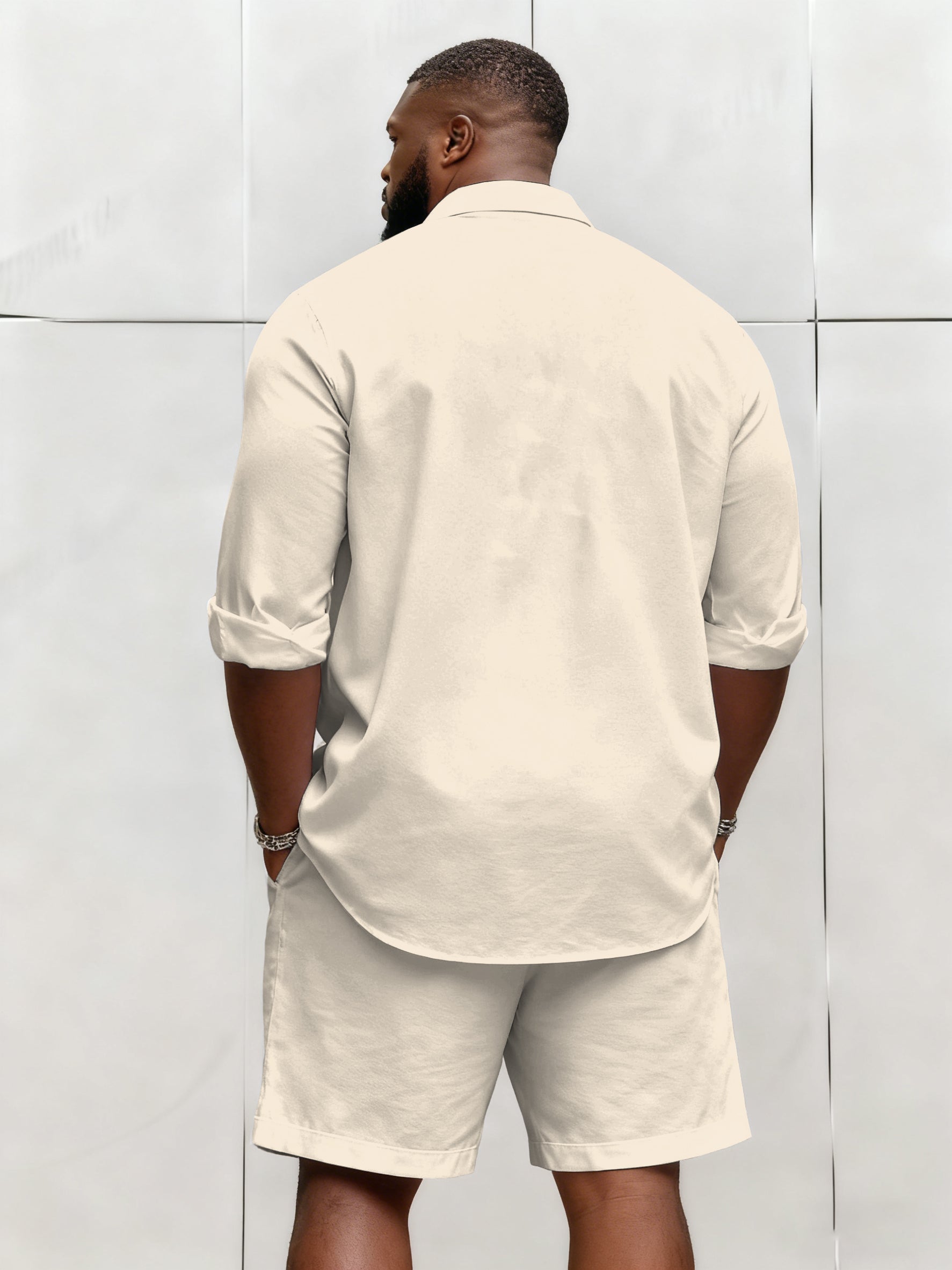 Big & Tall Men's Business Solid Color Long Sleeve Shirt Shorts Set