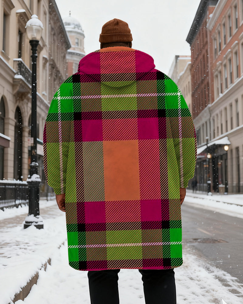 Big & Tall Men's Green Pink Plaid Printed Velvet Thickened Long Hooded Coat