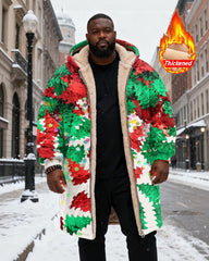 Big & Tall Men's Red And Green Christmas Leaves Sequin Printed Velvet Thickened Long Hooded Coat