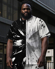 Men's Black & White Artistic Half Splicing Color Block Printed Big and Tall Short Sleeve T-shirt Pants Set