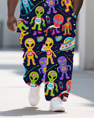 Big Men's Cartoon World Alien Printed Casual Outdoor Short-Sleeve Shirt Pants 2-piece Sets