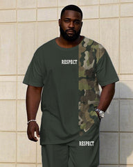Men's Plus Size Gray Green & Camouflage Chest "Respect" Slogan Printed Short Sleeve T-Shirt Trousers Suit