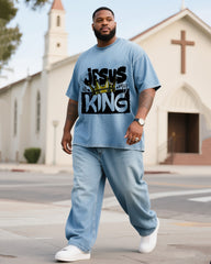 Plus Size Men JESUS KING Printed Denim T-Shirt Pants Suit