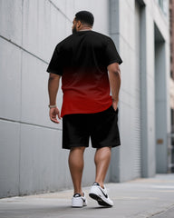 Men's Plus Size Black & Red Chest King Small Label Printed Round Neck Short Sleeve T-Shirt Shorts Suit