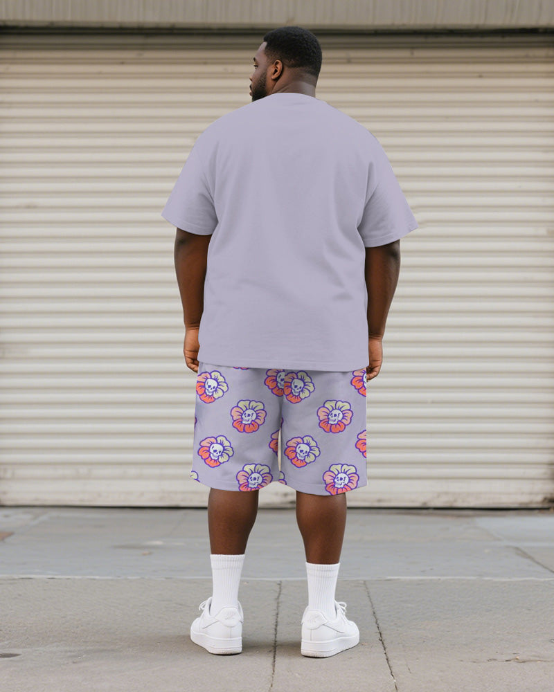 Big & Tall Men's Purple Skull Graffiti Flower Print Round Neck Short Sleeve T-Shirt Shorts Suit