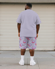 Big & Tall Men's Purple Skull Graffiti Flower Print Round Neck Short Sleeve T-Shirt Shorts Suit