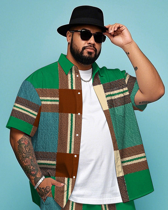 Men's Daily Casual Retro Green Plaid Printed Big Size Short Sleeve Shirt and Shorts Set