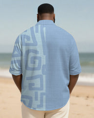 Big & Tall Men's Blue Colorblock Irregular Geometric Print Long Sleeve Bamboo Hemp Texture Shirt