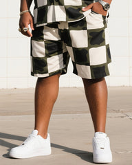 Big Man's Daily Casual Checkerboard Square Creative Camouflage Short Sleeve Shirt Shorts Suit