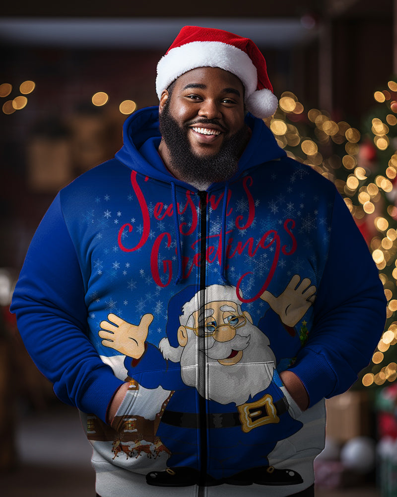 Men's Plus Size Santa Zipper Hoodie with Glasses