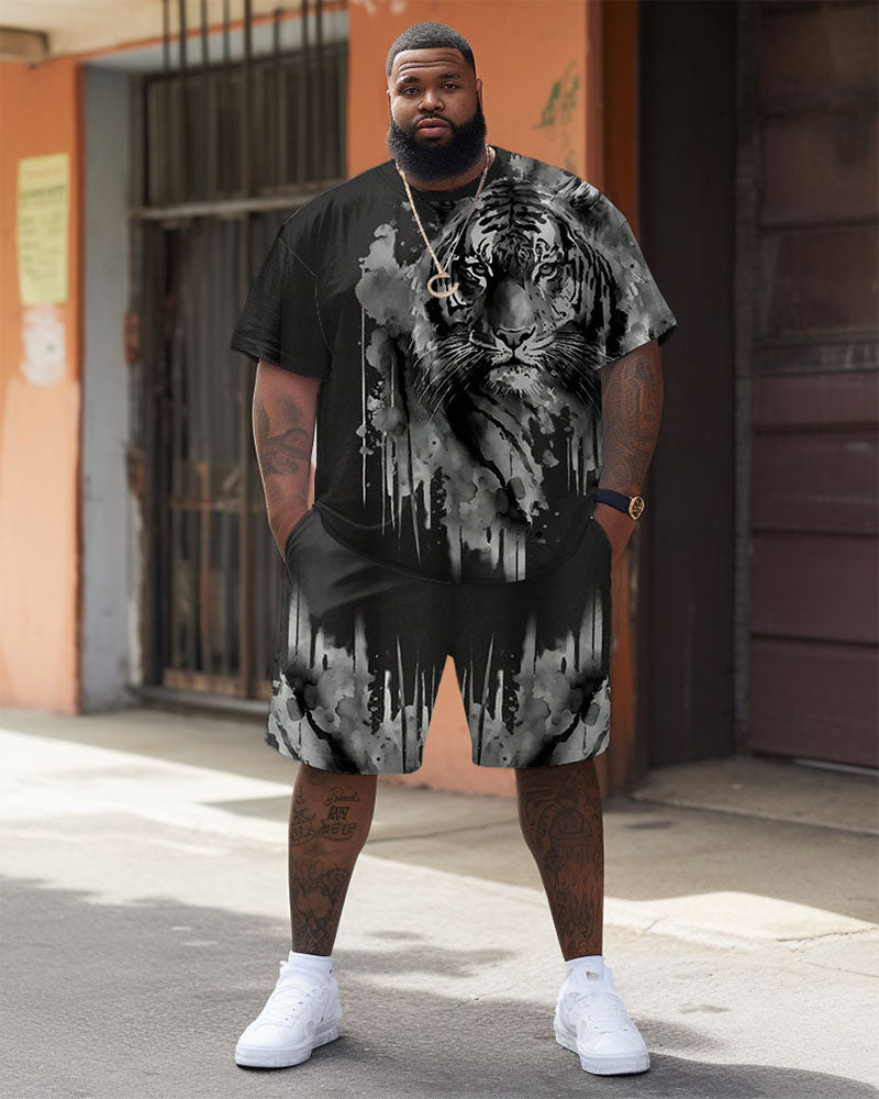 Men's Plus Size Street Casual Black And White Art Tiger Print T-Shirt Shorts Suit