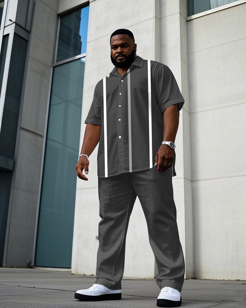 Men's Plus Size Business Casual Gray Striped Short Sleeve Shirt Trousers Suit