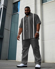 Men's Plus Size Business Casual Gray Striped Short Sleeve Shirt Trousers Suit