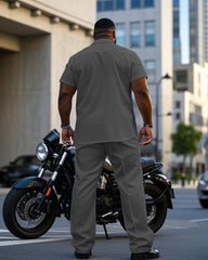 Men's Plus Size Grey & White Personality Stitching Daily Casual Short-sleeved Shirt Trousers Suit