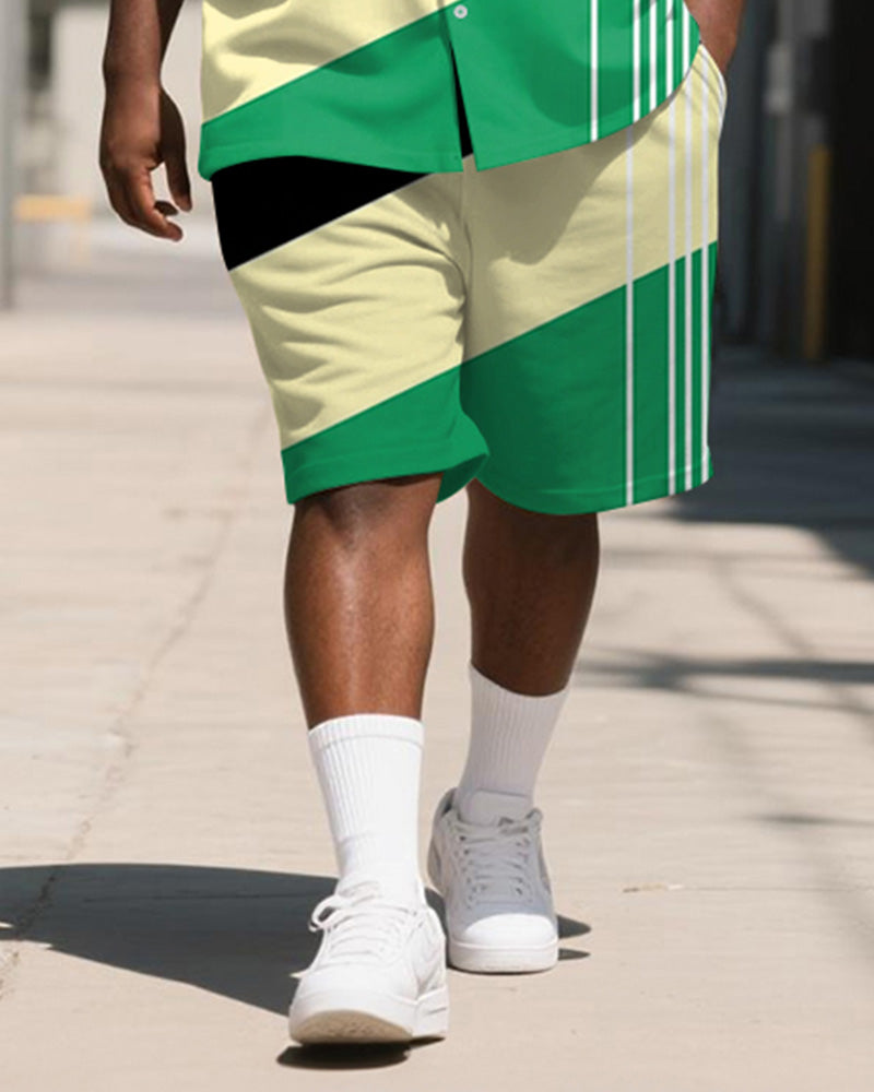 Men's Plus Size Casual Business Black Green Geometric Striped Print Shirt Shorts Suit