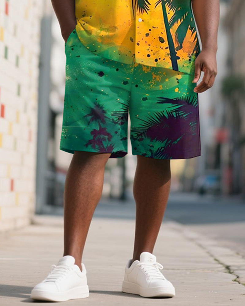 Men's Plus Size Juneteenth Colorblock Hawaiian Coconut Tree Print Shirt Shorts Suit