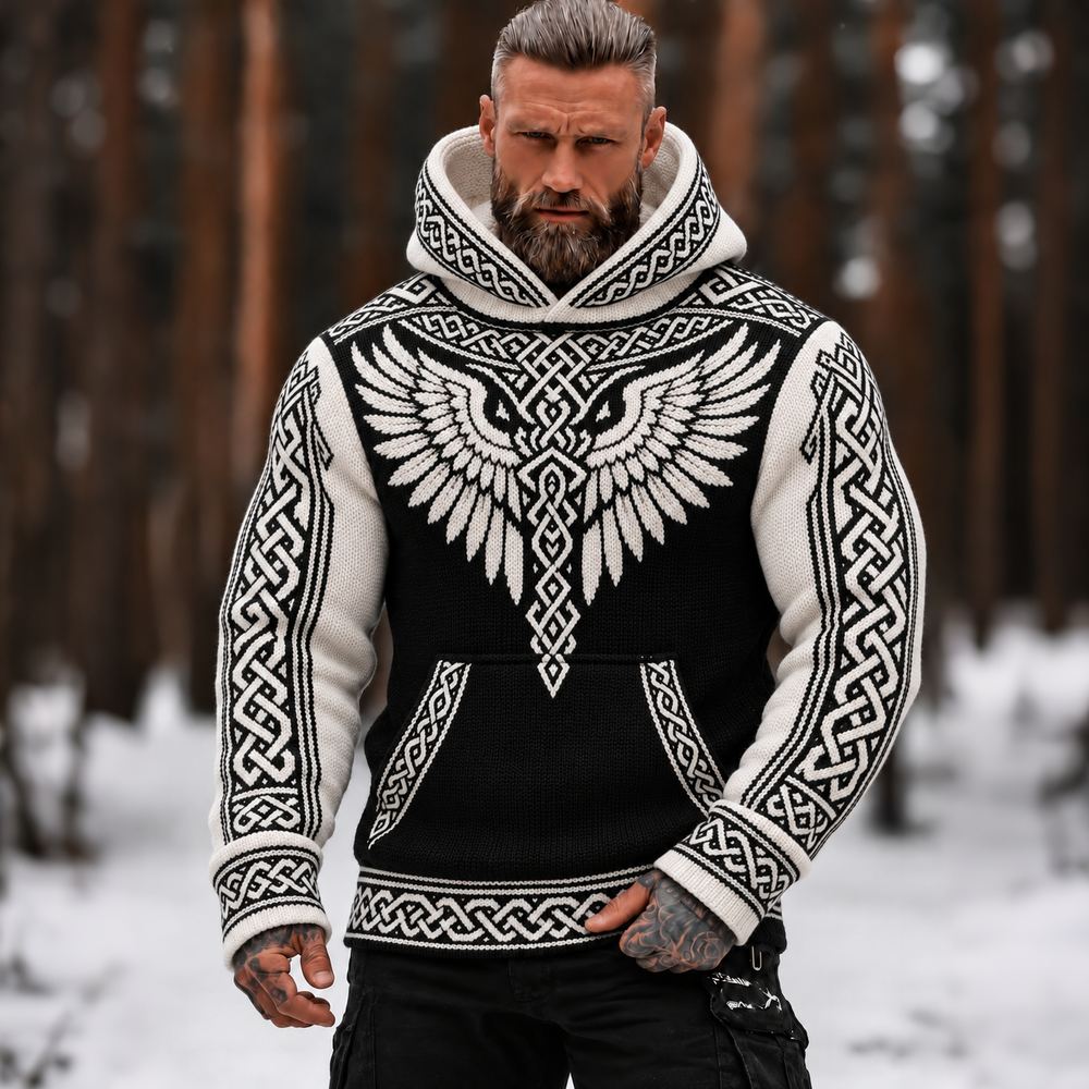Men's Retro Wing Printed Cozy Warm Knitted Jacquard Hooded Sweater