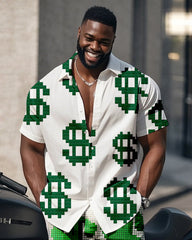 Big Man's Street Biker Style Green My World Creative Dollar Print White Short Sleeve Shirt Shorts Suit