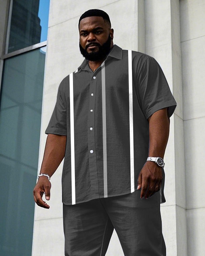 Men's Plus Size Business Casual Gray Striped Short Sleeve Shirt Trousers Suit