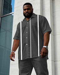 Men's Plus Size Business Casual Gray Striped Short Sleeve Shirt Trousers Suit