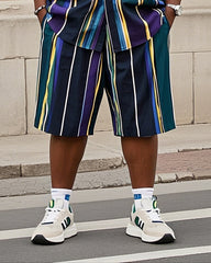 Big Men's-Hot Striped Color Block Printing Short Sleeve Shirt Shorts Suit