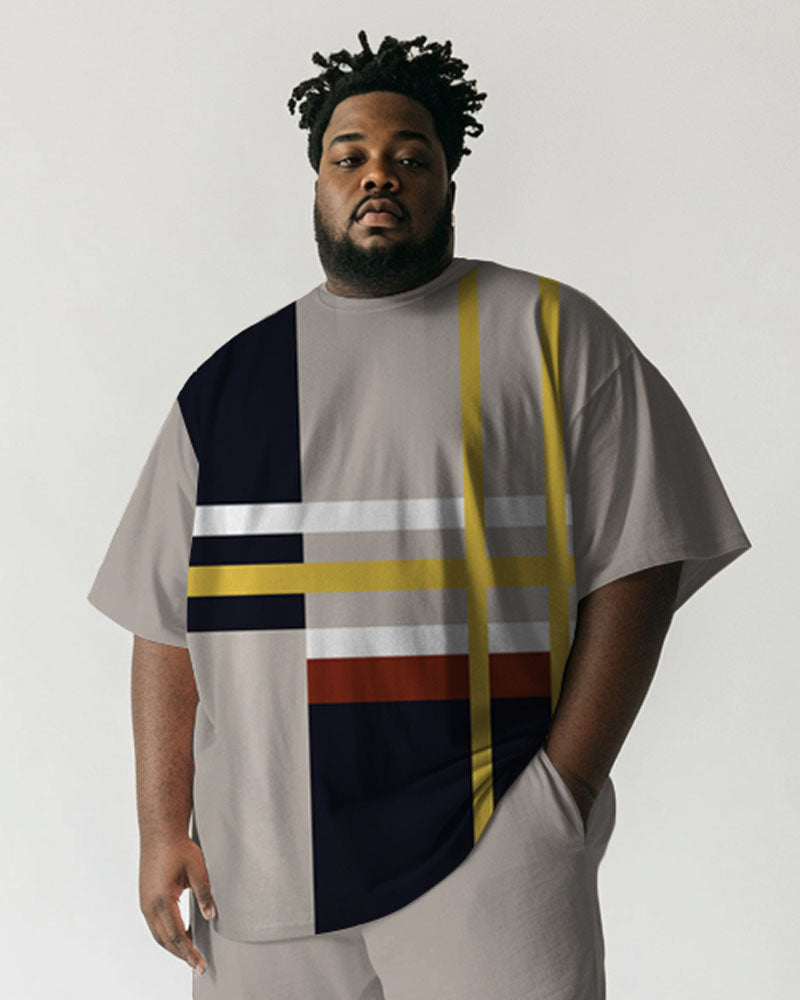 Men's Plus Size Daily Casual Khaki Striped Print Short Sleeve T-Shirt Shorts Suit