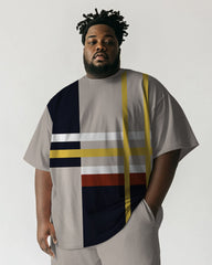 Men's Plus Size Daily Casual Khaki Striped Print Short Sleeve T-Shirt Shorts Suit
