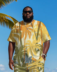 Big & Tall Men's Hawaiian Yellow Coconut Graffiti Print Round Neck Short Sleeve T-Shirt Shorts Suit