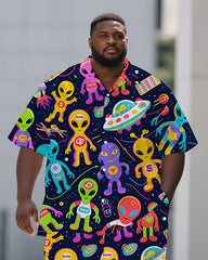 Big Men's Cartoon World Alien Printed Casual Outdoor Short-Sleeve Shirt Pants 2-piece Sets