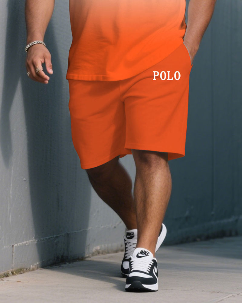 Men's Plus Size Street Fashion Orange Gradient Small Label Printed Round Neck Short Sleeve T-Shirt Shorts Suit