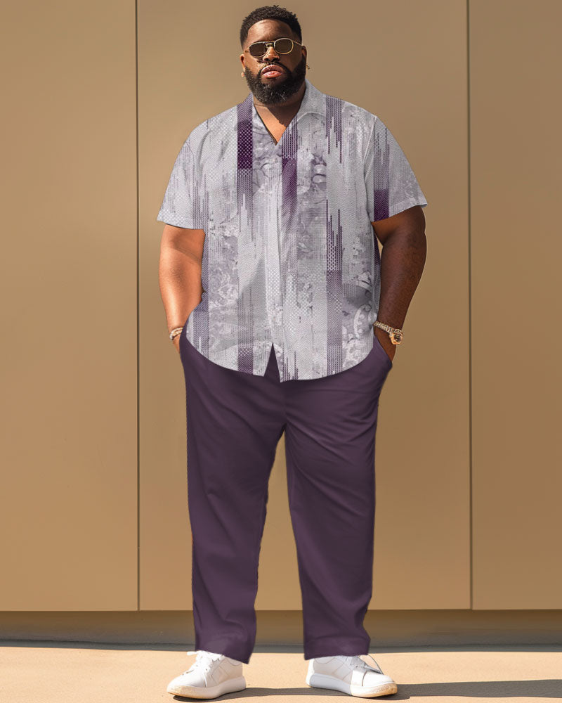 Casual Texture Print Short Sleeve Shirt Trousers Suit Men's Plus Size