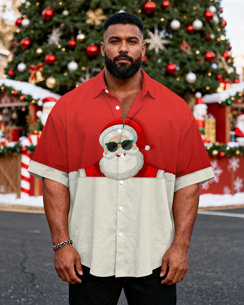 Big & Tall Men's Santa Claus Sunglasses Cartoon Print Short Sleeve Shirt