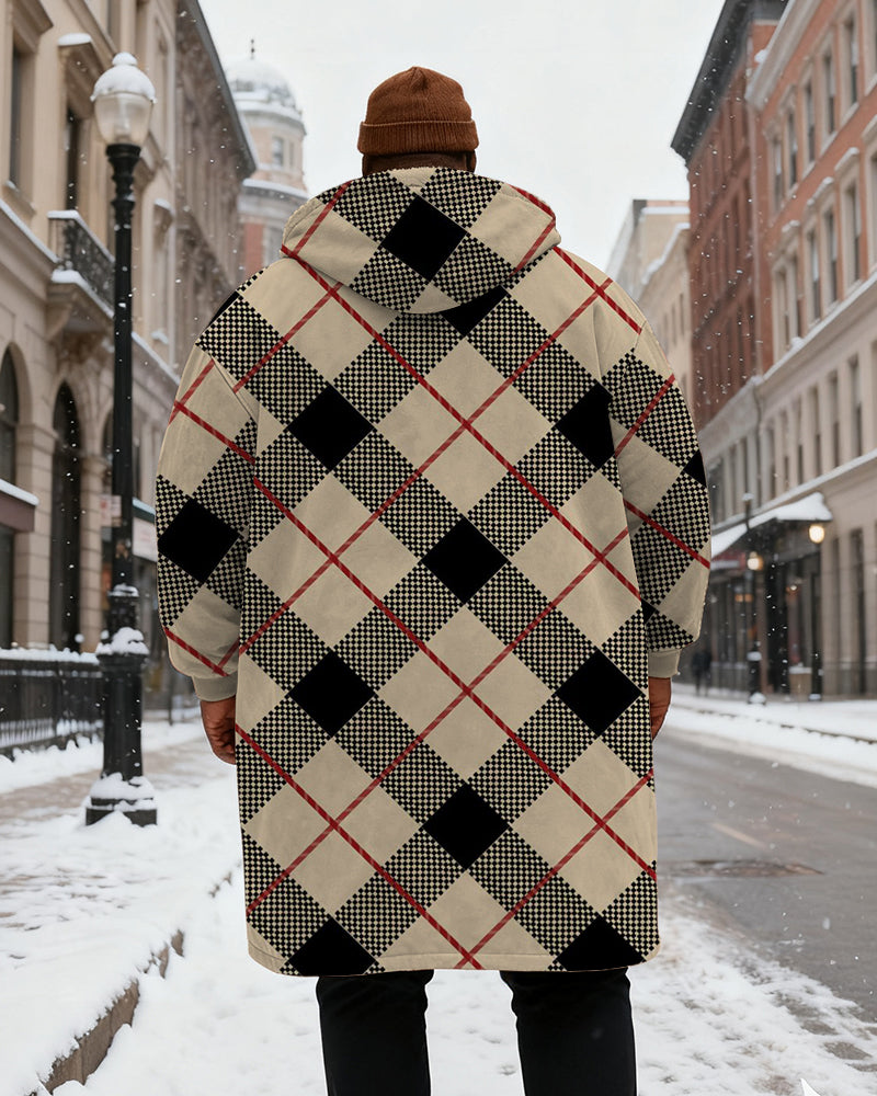 Big & Tall Men's Black Khaka Plaid Printed Velvet Padded Long Hooded Coat