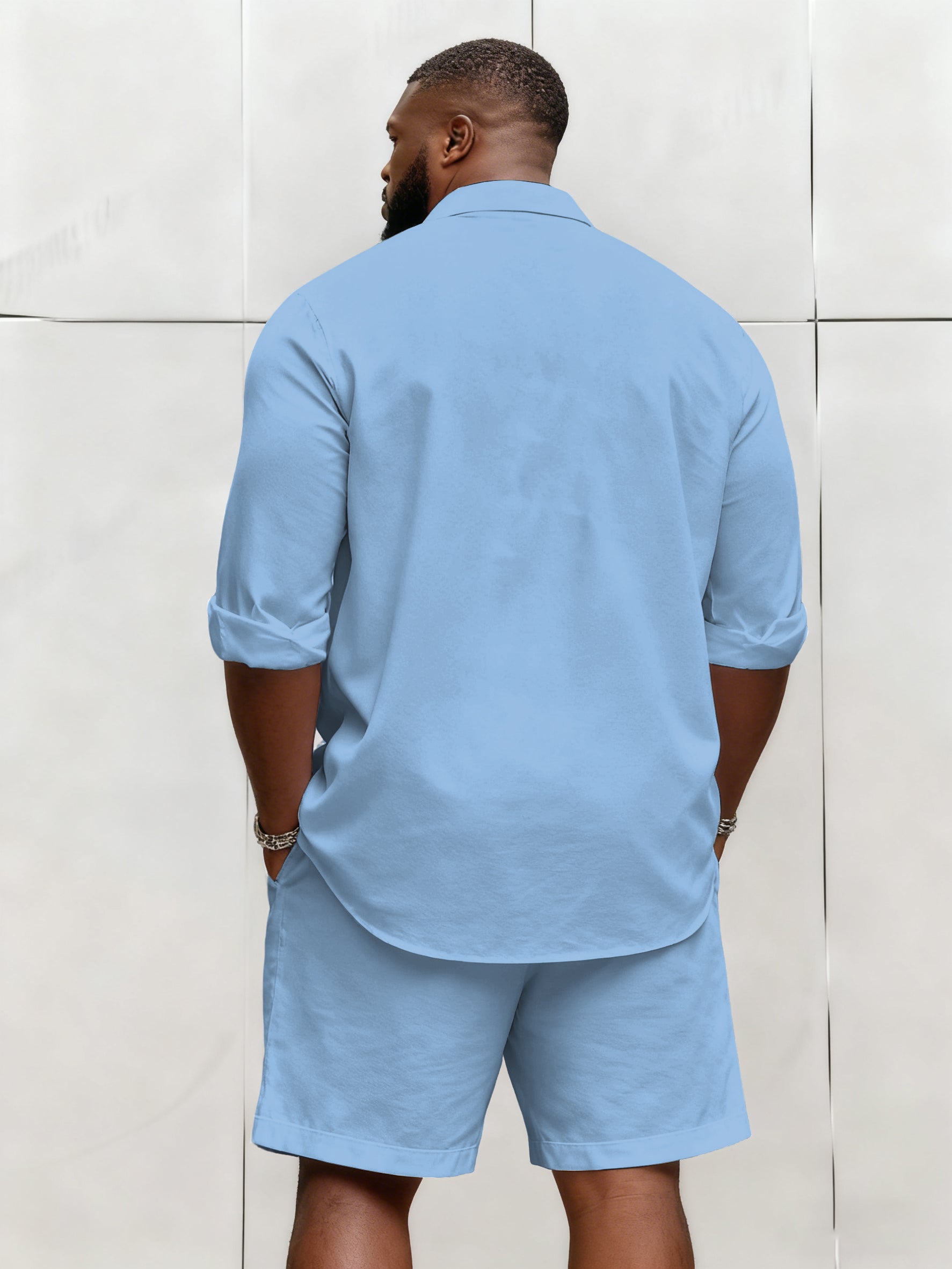 Big & Tall Men's Business Solid Color Long Sleeve Shirt Shorts Set