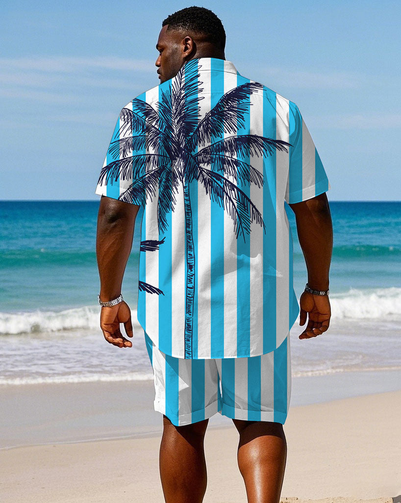 Men's Plus Size Hawaiian Royal Blue White Striped Large Coconut Tree Short Sleeve Shirt Shorts Suit
