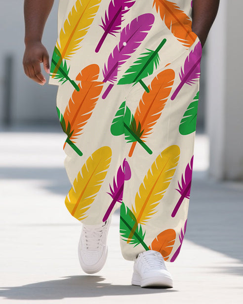 Big Guy's Fashion Colorful Feather Cartoon Printed Casual Short-Sleeve Shirt Pants Sets