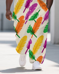 Big Guy's Fashion Colorful Feather Cartoon Printed Casual Short-Sleeve Shirt Pants Sets