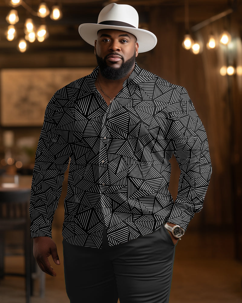 Men's Big & Tall Casual Triangle Textured Stripe Lapel Long Sleeve Shirt