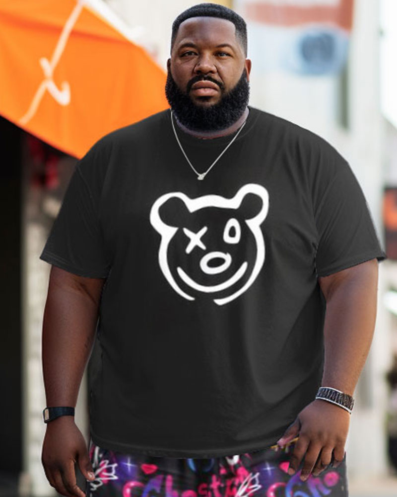 Men's Plus Size Street Cartoon Bear Summer Graffiti Short Sleeve Shorts Suit