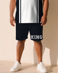 Big & Tall Men Dark Blue & White Chest King Slogan Print Round Neck Short Sleeve T-Shirt Shorts Suit