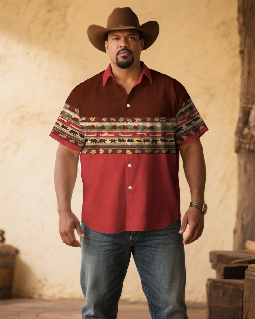 Men's Plus Size Red Western Denim Ethnic Pattern Printed Short Sleeve Shirt