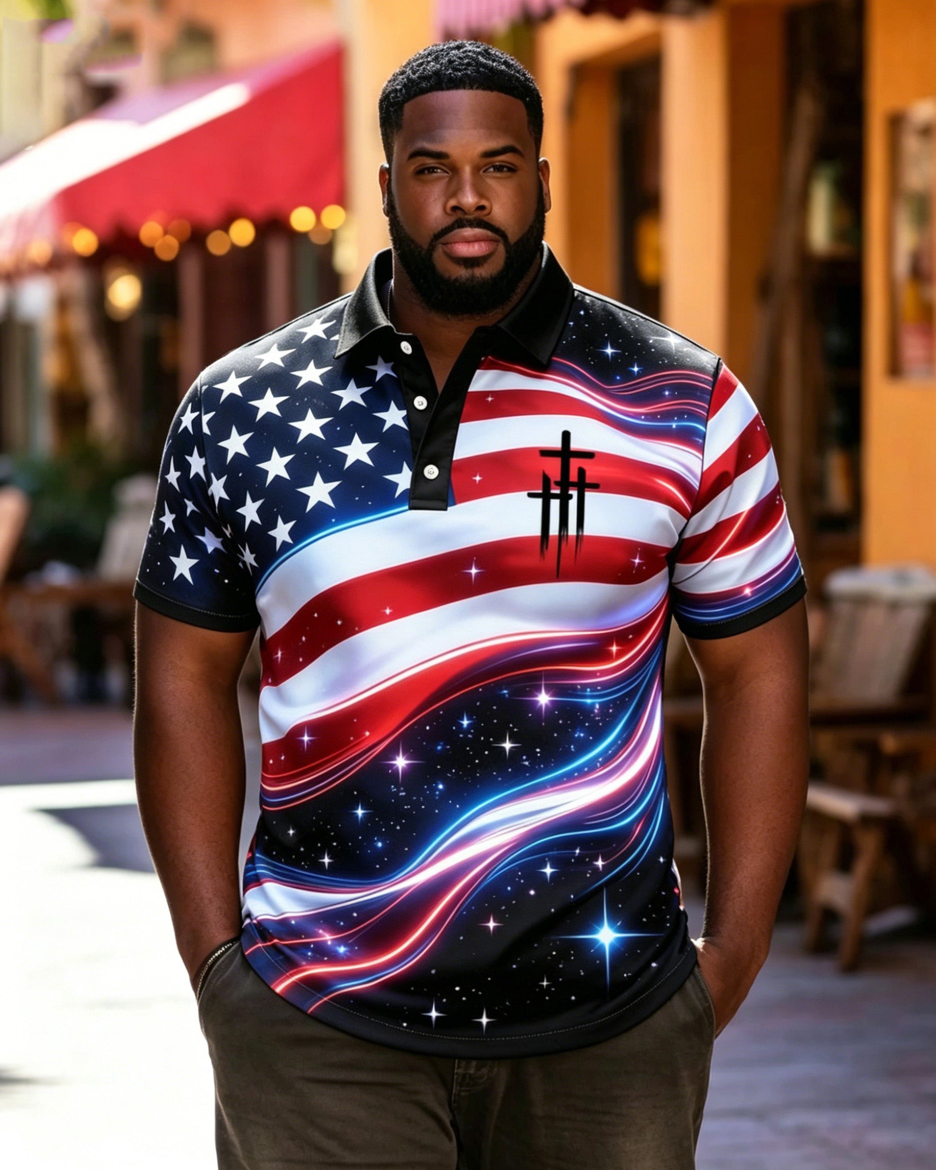 Big & Tall Men's 250th Anniversary of the American Flag Cross Print Short Sleeve POLO Shirt
