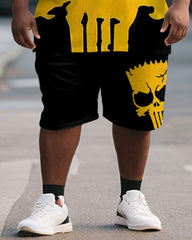 Men's Plus Size Black And Yellow Skull Print Short-sleeved T-shirt Shorts Suit