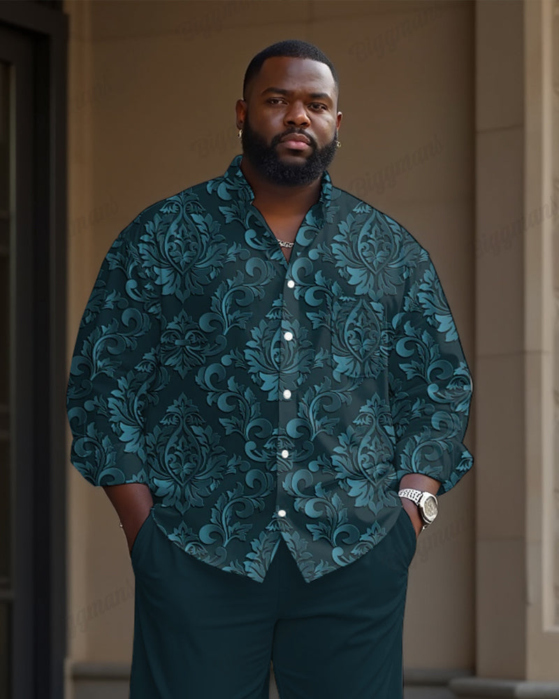 Men's Plus Size Retro Floral Print Long Sleeve Shirt Pants 2-Piece Set