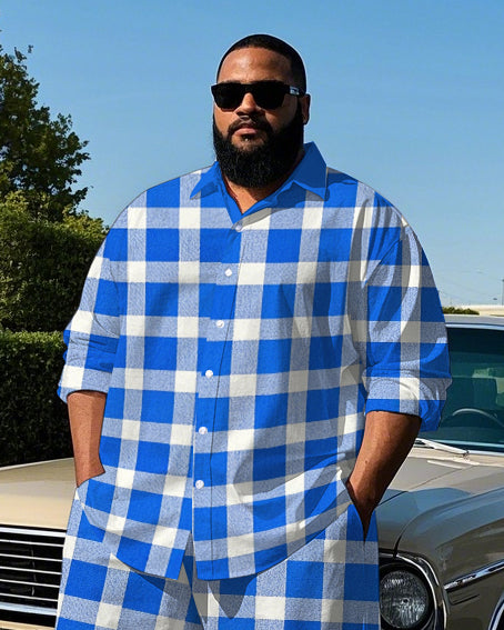 Men's Simple Gentlemen Blue Plaid Printed Daily Casual Big & Tall Long Sleeve Shirt Pants Set