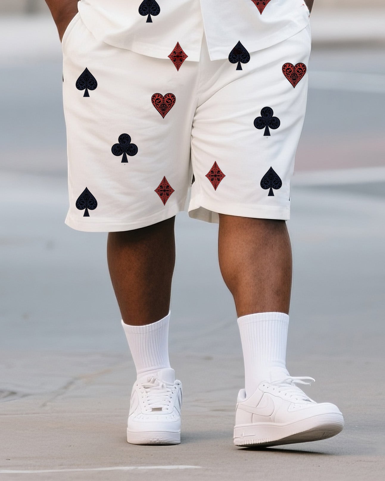 Big & Tall Men's Daily Leisure. Premium Sense Irregular Playing Card Heart Print Shirt Shorts Suit