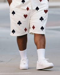 Big & Tall Men's Daily Leisure. Premium Sense Irregular Playing Card Heart Print Shirt Shorts Suit