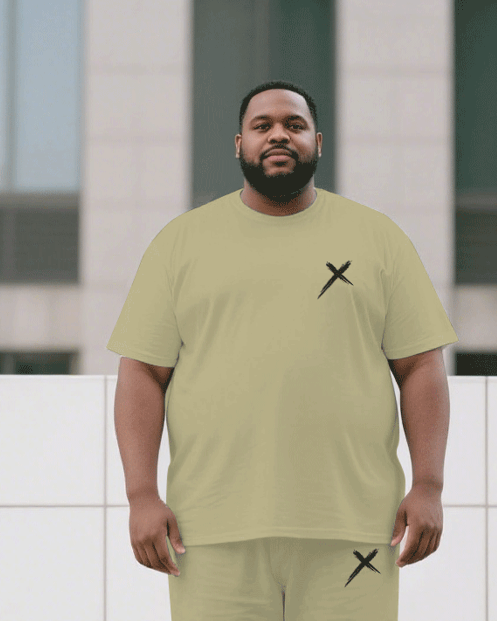 Men's Plus Size Khaki Chest Personality Small Standard Jacquard Short-sleeved T-shirt Trousers Suit