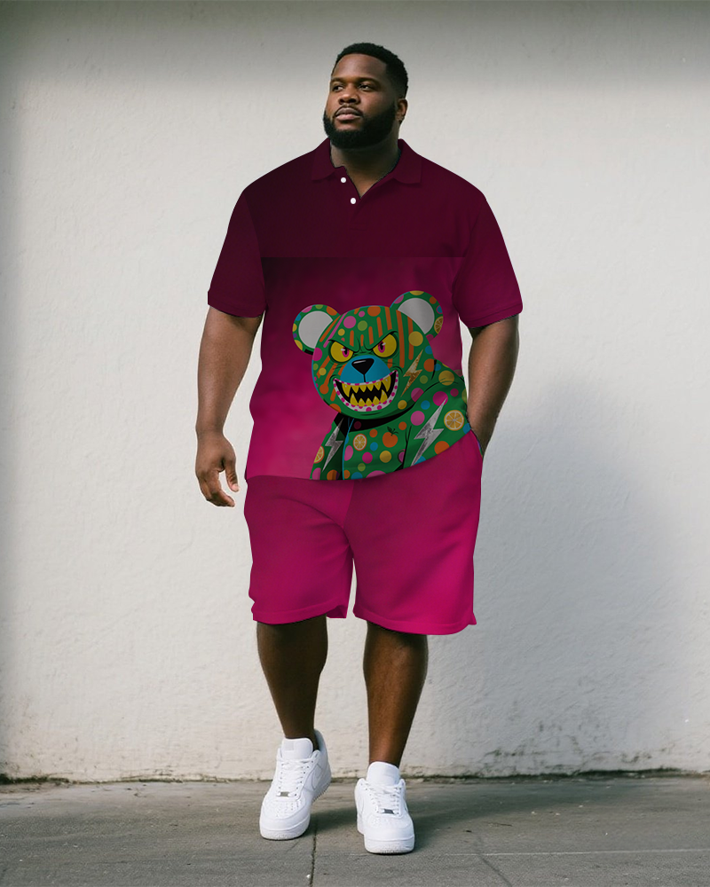 Big & Tall Man's Gradient Cunning Cartoon Bear Printed Short-Sleeve Polo Shirt & Shorts Set