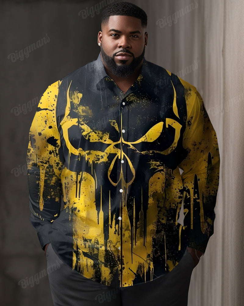 Plus Size Men's Casual Yellow Skull Printed Collar Long Sleeve Shirt